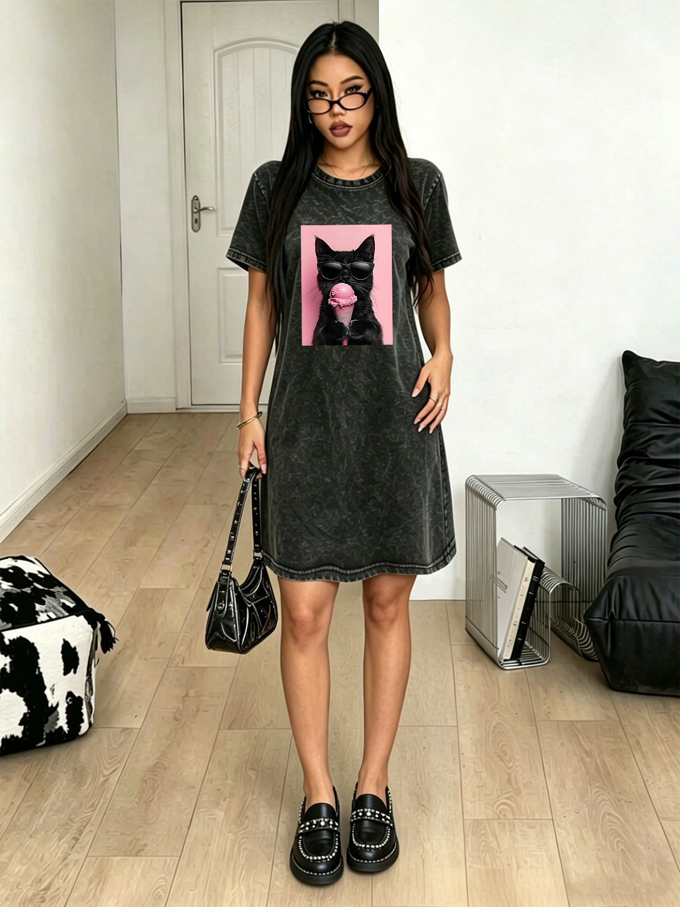 Streetwear Brand Cat - Vestido T-shirt Vintage Lavado para Mulheres,