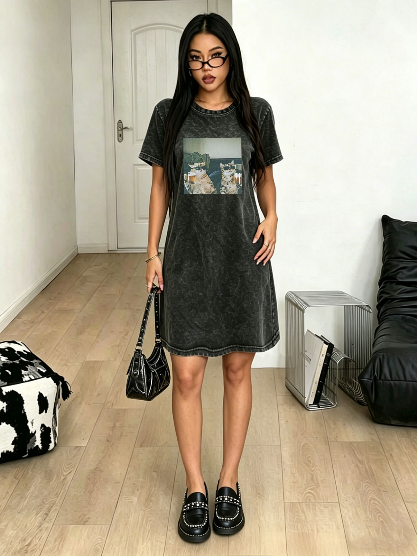 Streetwear Brand Cat - Vestido T-shirt Vintage Desgastado para Mulheres,