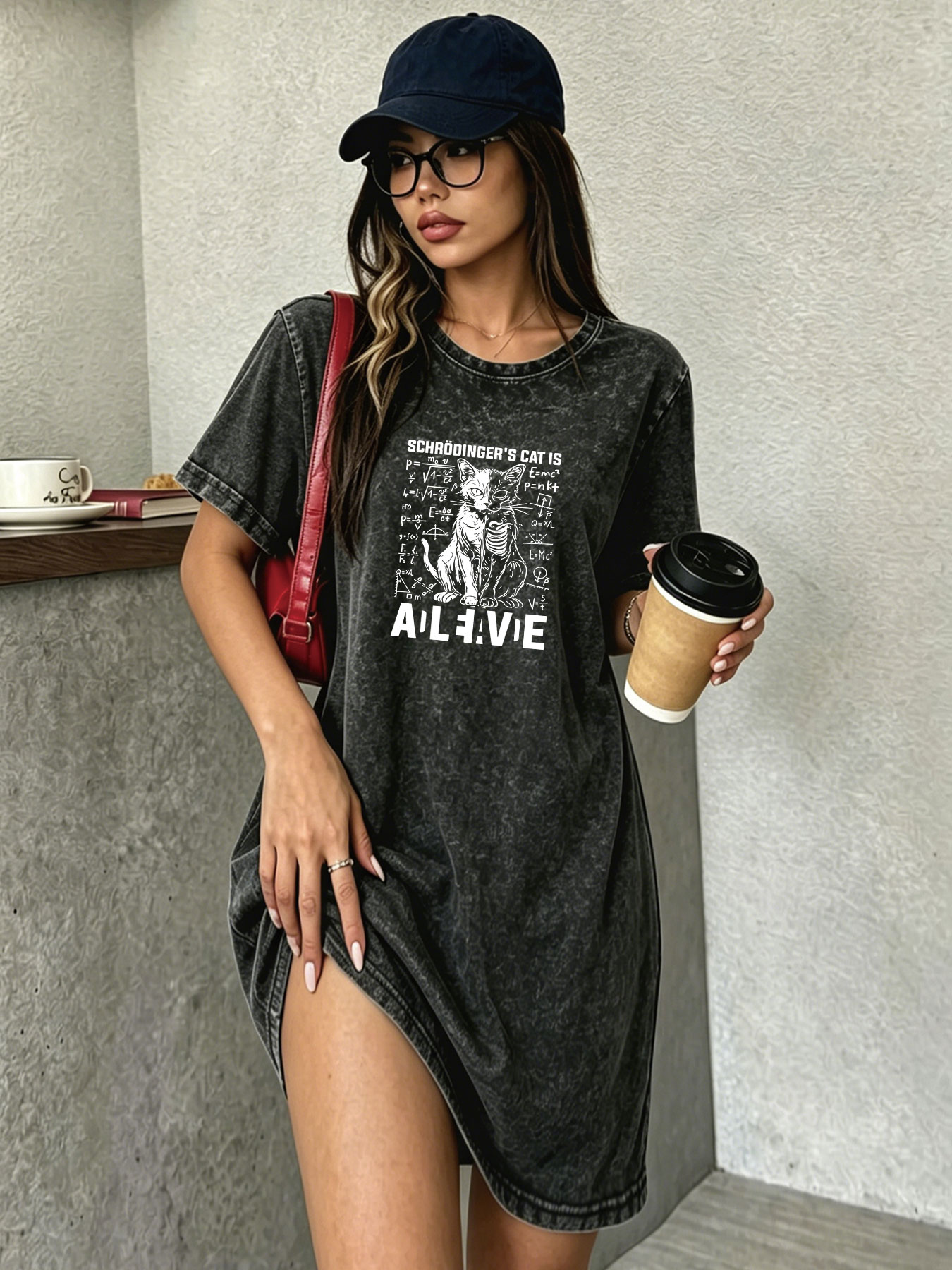 Streetwear Brand Cat - Vestido T-Shirt Vintage Desgastado para Mulheres,